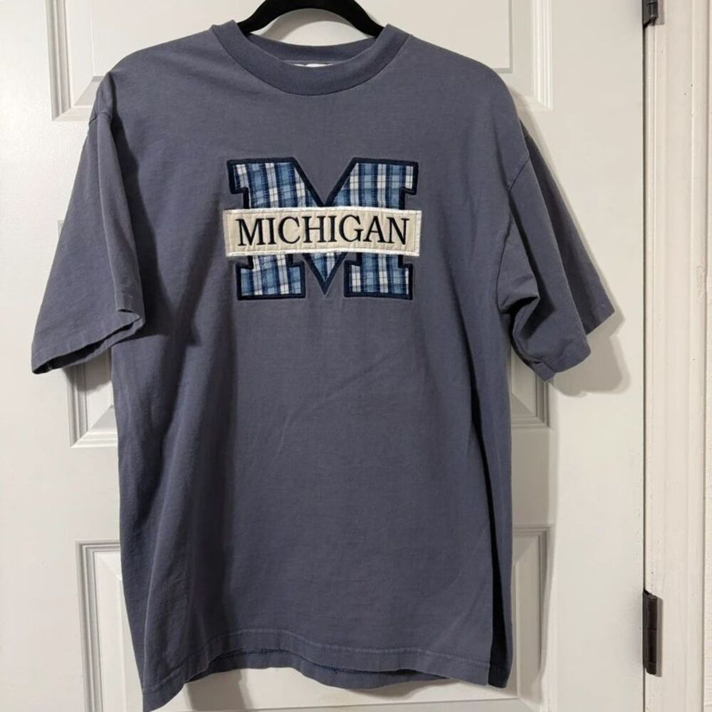 VTG Michigan T Shirt Crable Sportswear Plaid Block M Crewneck Blue Embroidery